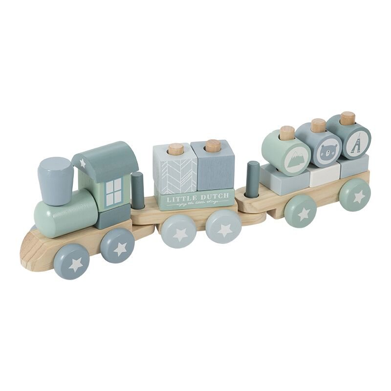Trenulet bleu din lemn cu piese pentru stivuire